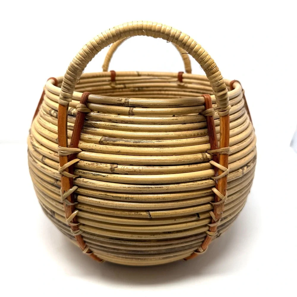 Handwoven Coiled Rattan Basket Round Bulbous Boho Storage with Handles